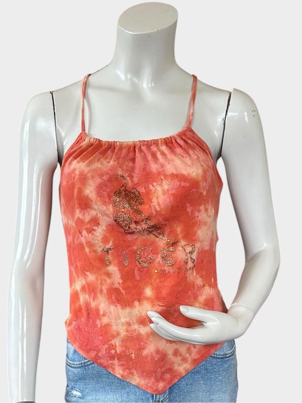 Deadstock XoXo Jeans Orange Tie Dye asymmetrical hem halter TIGER top Size Large